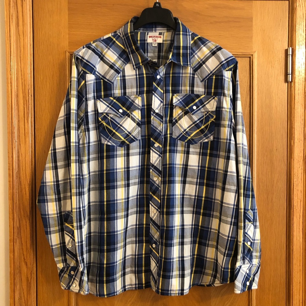 True Religion Pearl Snap Western Plaid Long Sleeve Shirt Size XXL 2XL